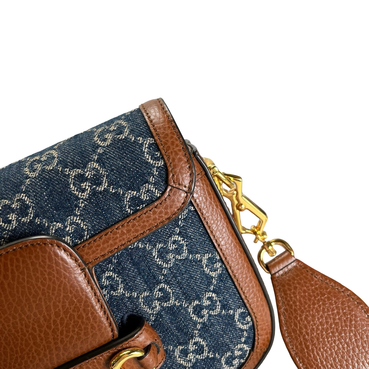 Used GUCCI GG Canvas Leather Trim Horsebit 1955 Mini Bag Shoulder Bag Blue Brown