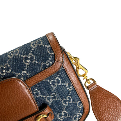 Used GUCCI GG Canvas Leather Trim Horsebit 1955 Mini Bag Shoulder Bag Blue Brown