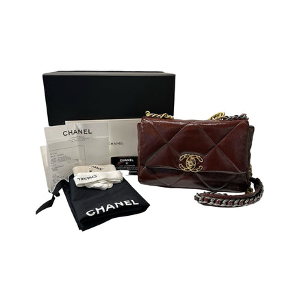 Used CHANEL Waxed Calfskin 19 Small Chain Shoulder Bag Brown GHW