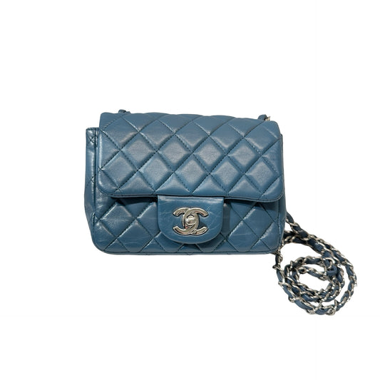 Used CHANEL Calfskin Leather Flap mini 17cm Cross Body Bag Blue PHW