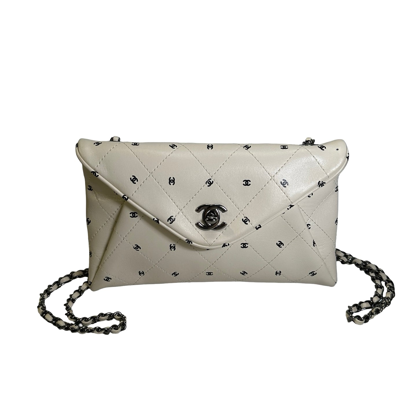 Used CHANEL Quilted CC Logo Print Quilted Wallet on Chain Chain Shoulder Bag White Black