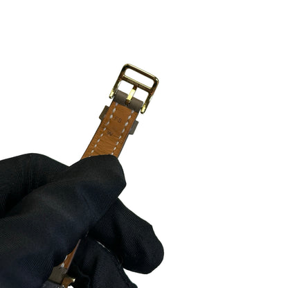 Used HERMES Leather Gold Plated Heure H Watch Green Gold White
