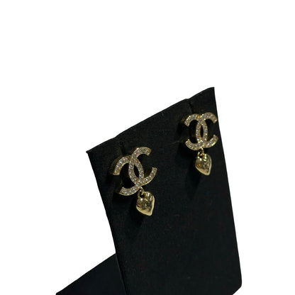 Used CHANEL Rhinestone CC with Heart Drop Earrings Gold Clear