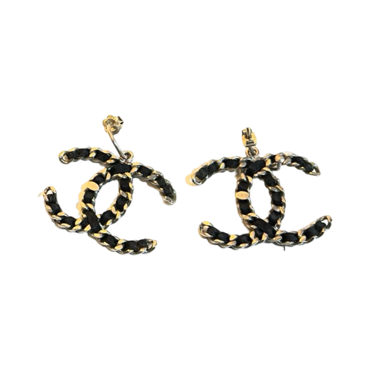 Used CHANEL CC logo Leather intertwined chain CC Logo Leather Intertwined Chain Earrings Earrings Phw Black