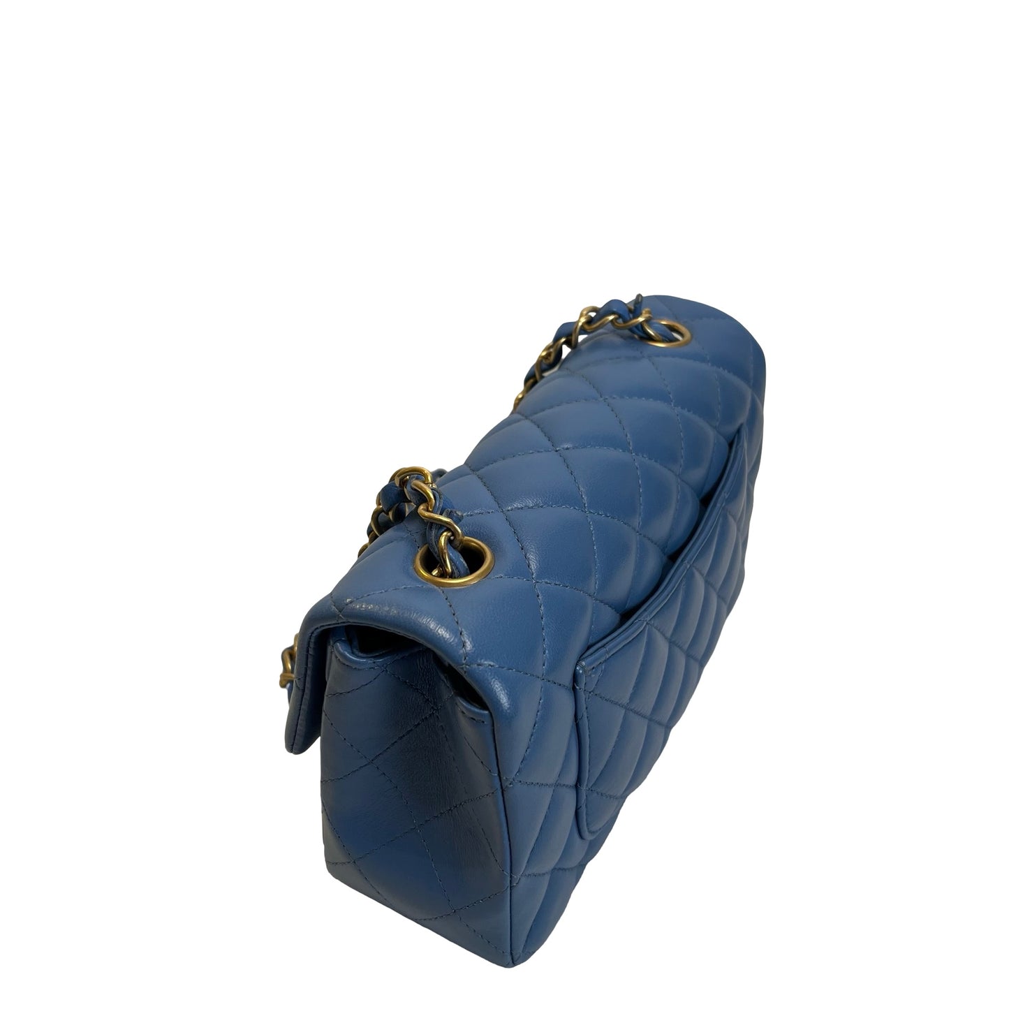 Used CHANEL Quilted Lambskin Classic Flap Handbag Blue Gold hardware