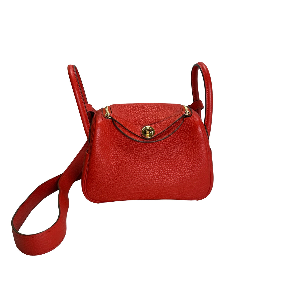 Used HERMES Togo Leather Mini Lindy Handbag Red GHW