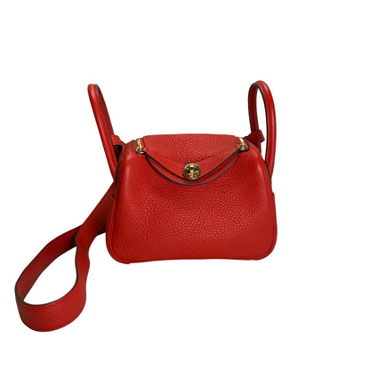 Used HERMES Togo Leather Mini Lindy Handbag Red GHW