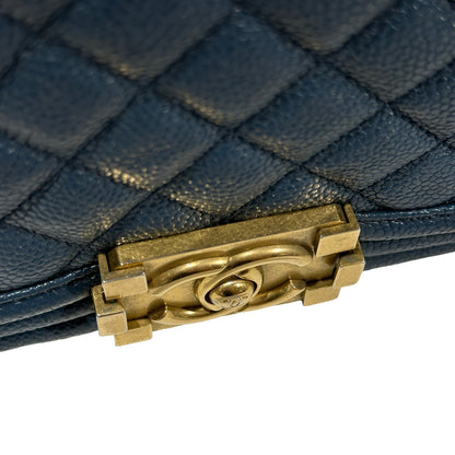 Used Chanel Calfskin Leather Boy 25 Shoulder Bag GHW Blue
