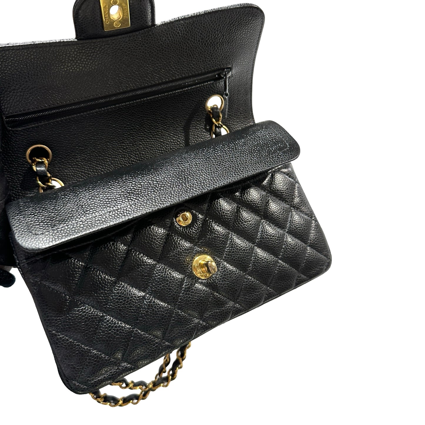 Used CHANEL Caviar Quilted CF23 Chain Shoulder Bag Black Gold