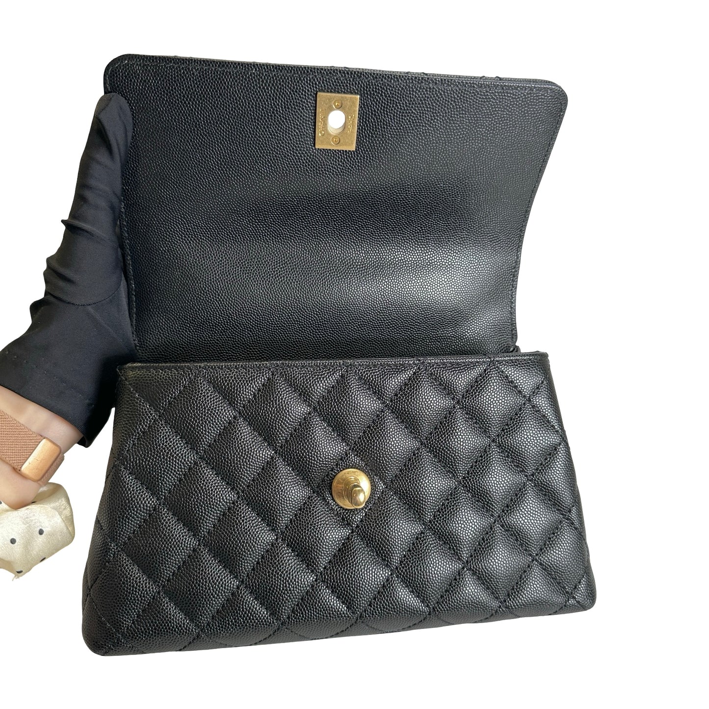 Used CHANEL Quilted Caviar Coco Handle Handbag Black Gold