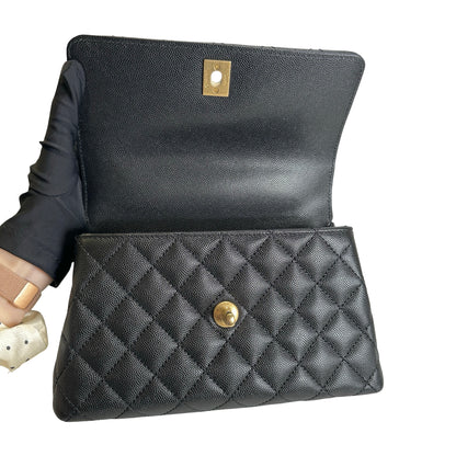 Used CHANEL Quilted Caviar Coco Handle Handbag Black Gold
