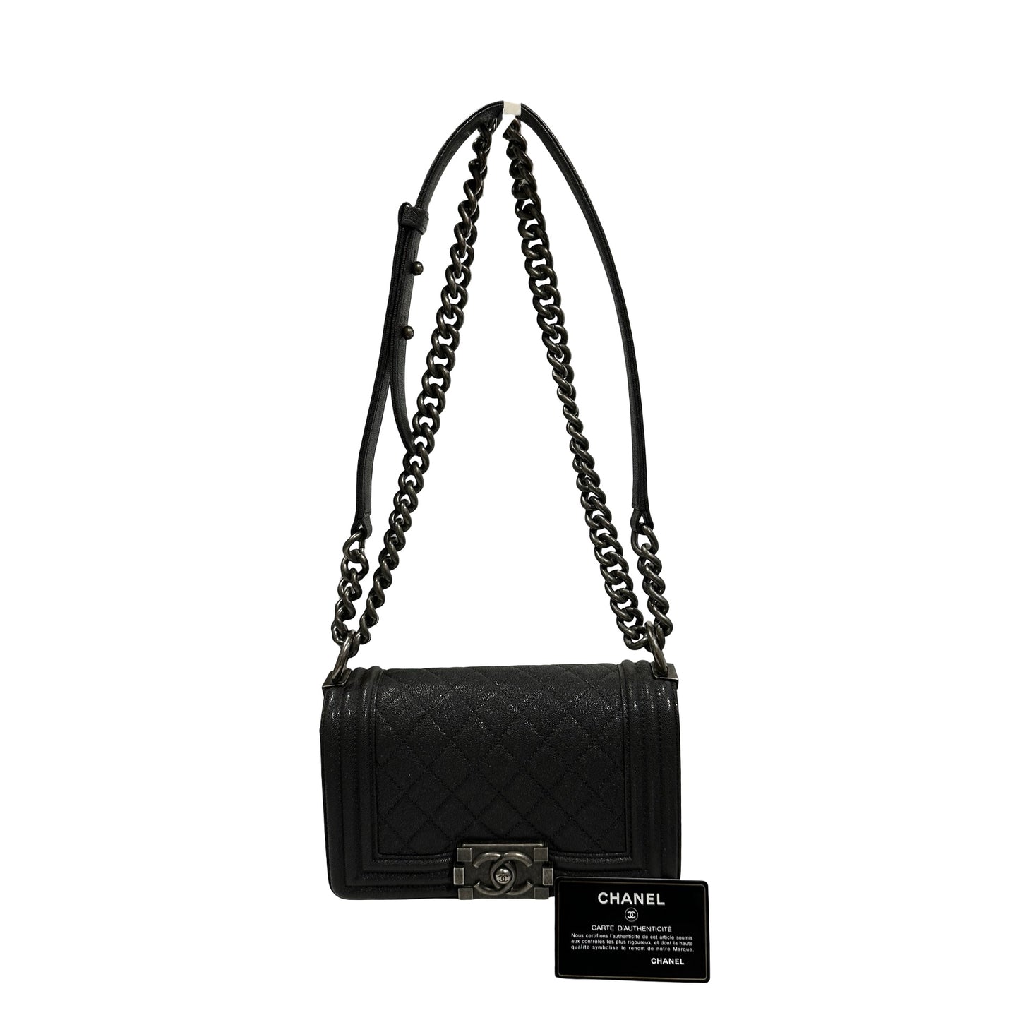 Used Chanel Calfskin Leather Boy 20cm Shoulder Bag PHW Grey