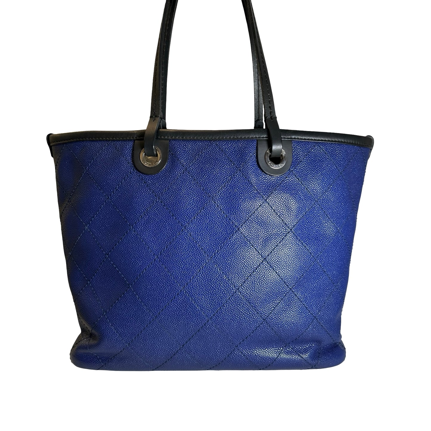 Used CHANEL Quilted Caviar Leather GST Tote Bag Blue Silver