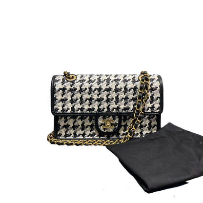 Used CHANEL 23c woven flap 25 Cross Body Bag Black White GHW