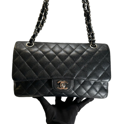 Used CHANEL Caviar Quilted Classic Flap Chain Shoulder Bag Black Silver