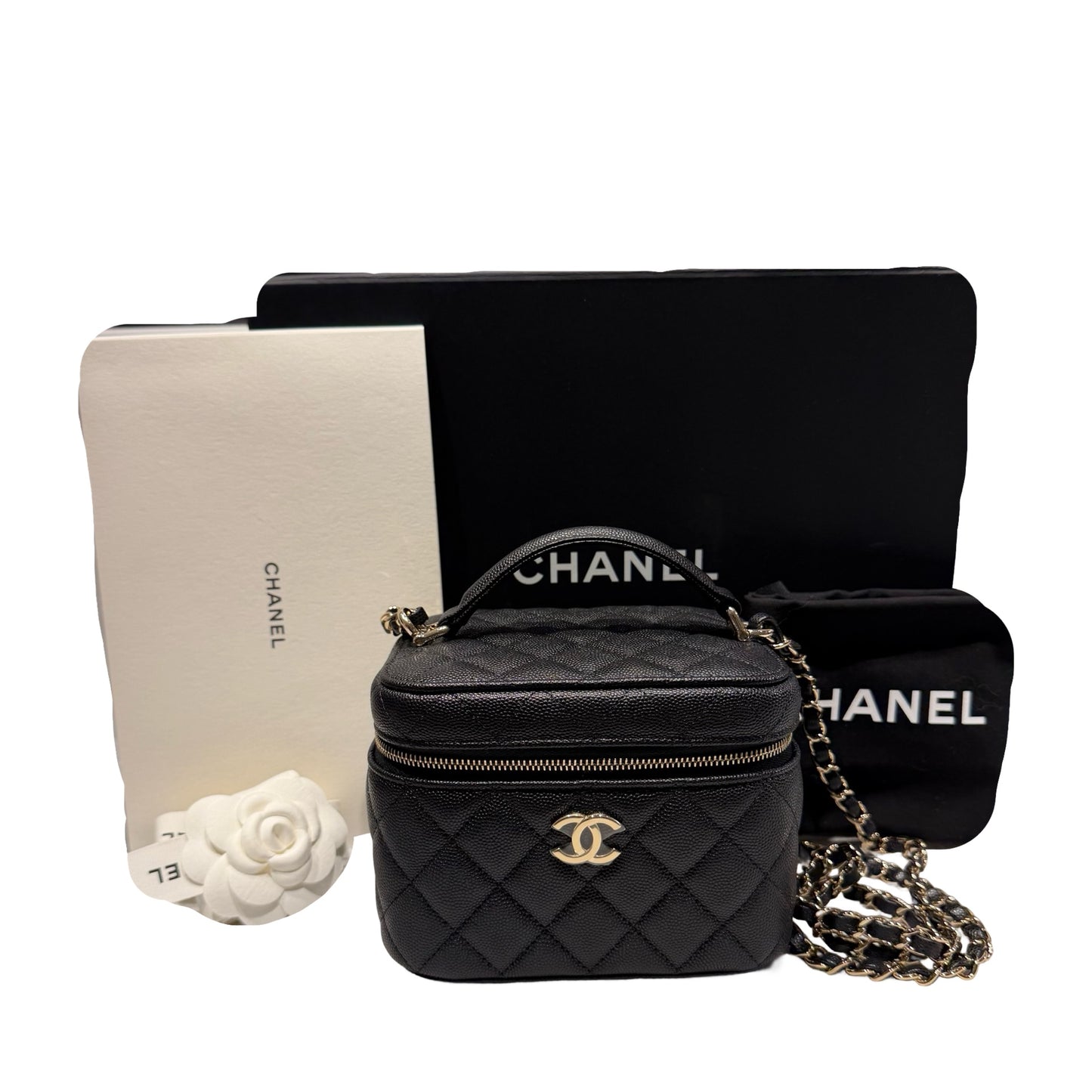 Unused Chanel Calfskin Leather Vanity Case Cross Body Bag Black GHW