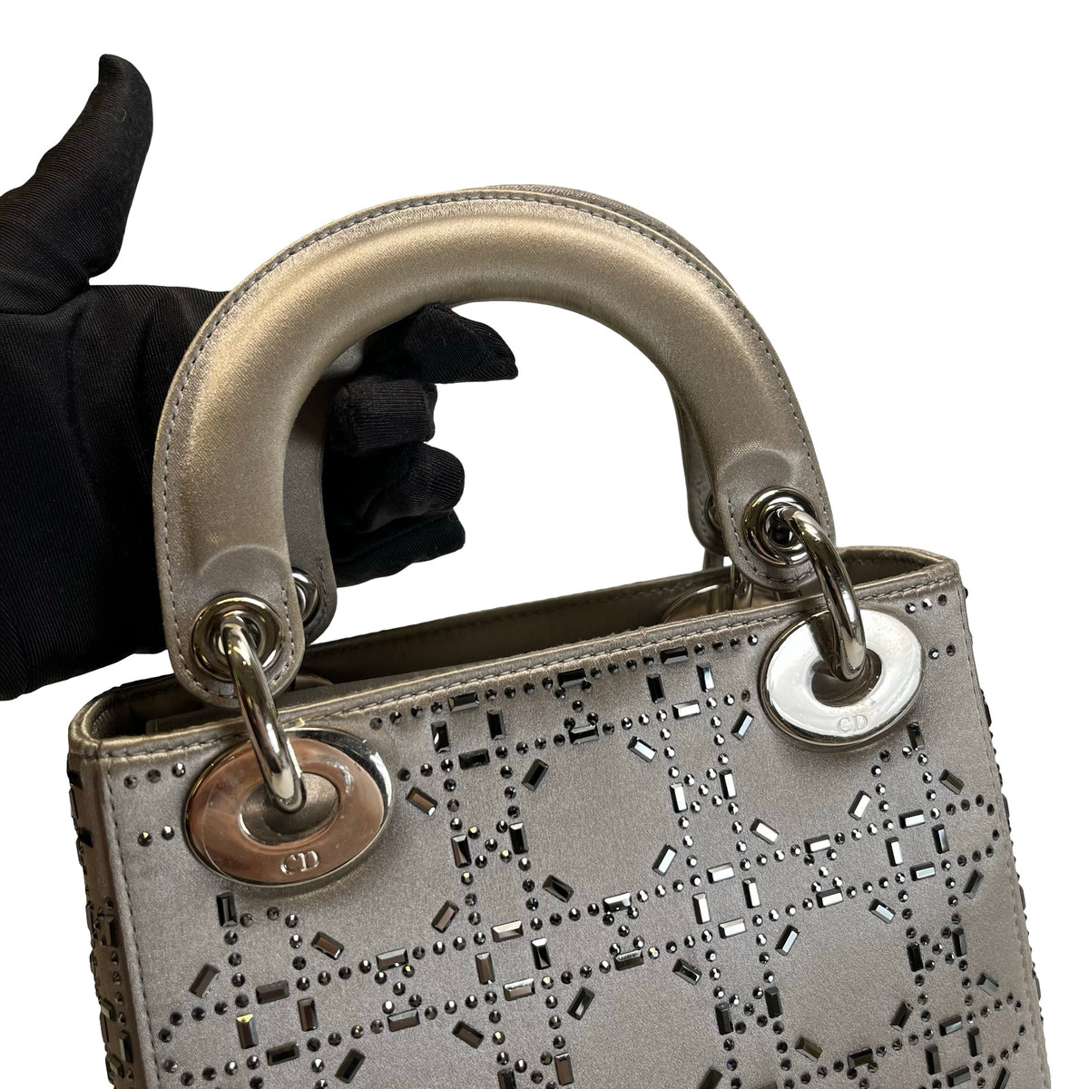 DIOR Cannage Studded Lady Dior Handbag Grey Silver