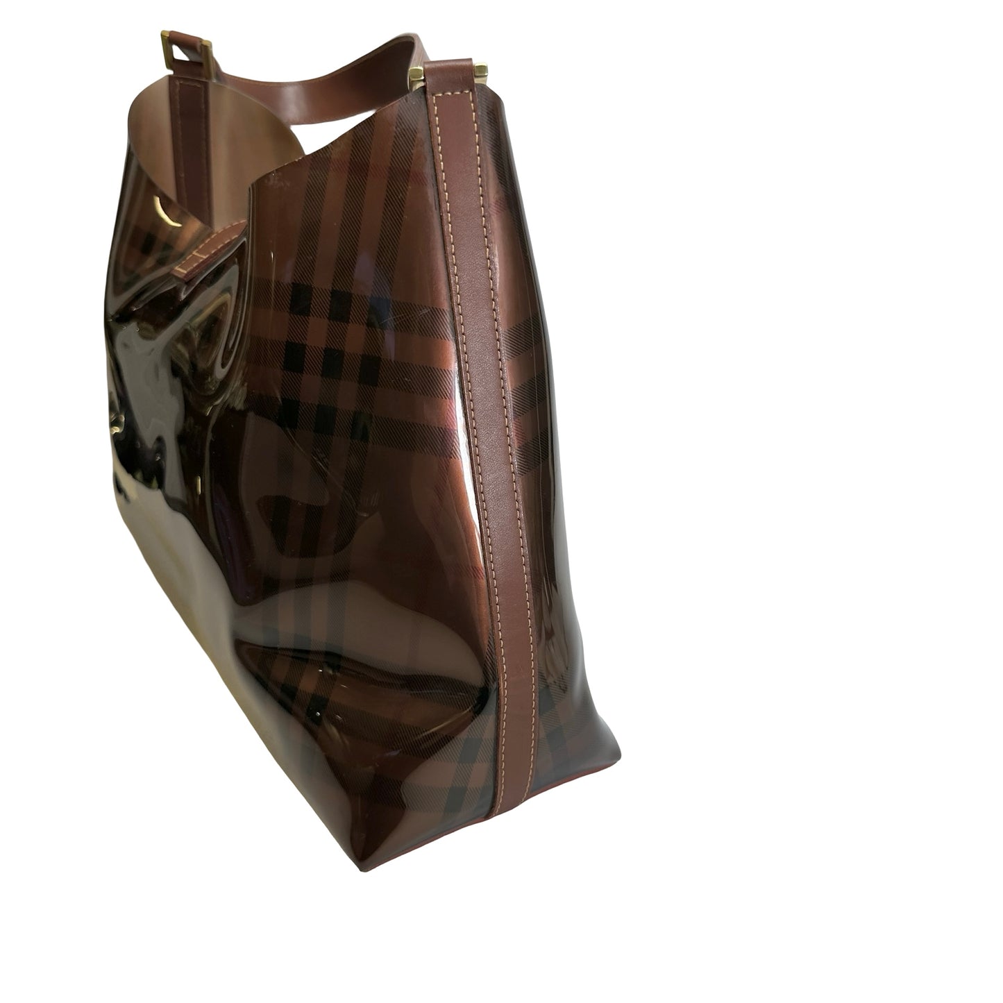 Used BURBERRY Check PVC Tote Handbag Brown