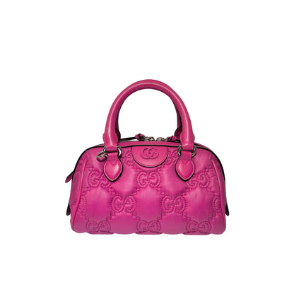 Used GUCCI GG CANVAS Calfskin Leather GG Matelasse Mini Bowling Handbag Pink PHW