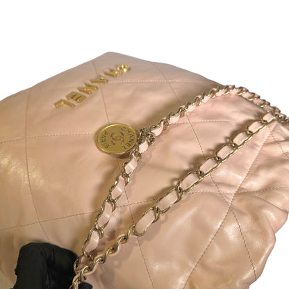 Used CHANEL Calfskin Leather 22 Medium Shoulder Bag Pink GHW