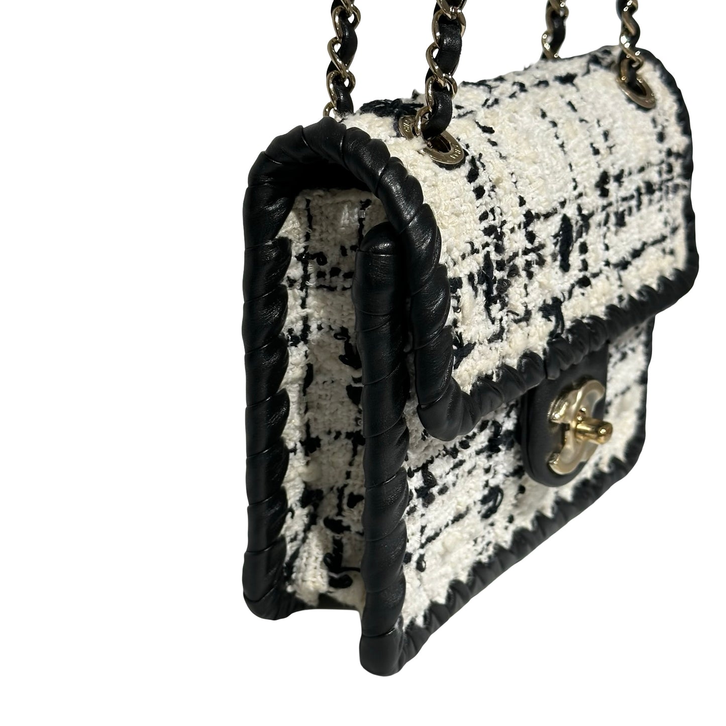 Used CHANEL Tweed Cross Body Bag Black White PHW