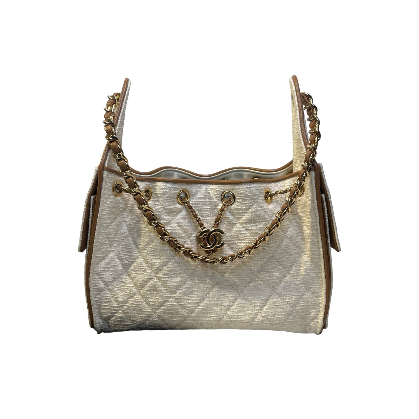 Used CHANEL Quilted Tweed Deauville Handbag White Brown