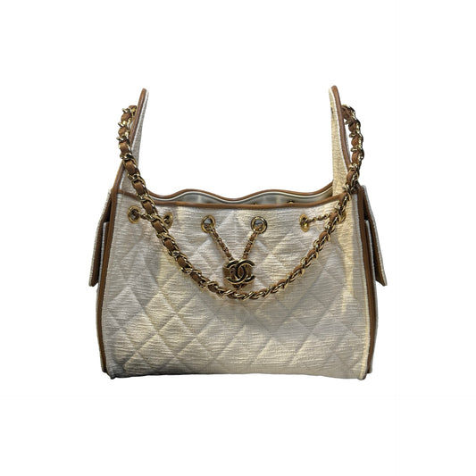 Used CHANEL Quilted Tweed Deauville Handbag White Brown