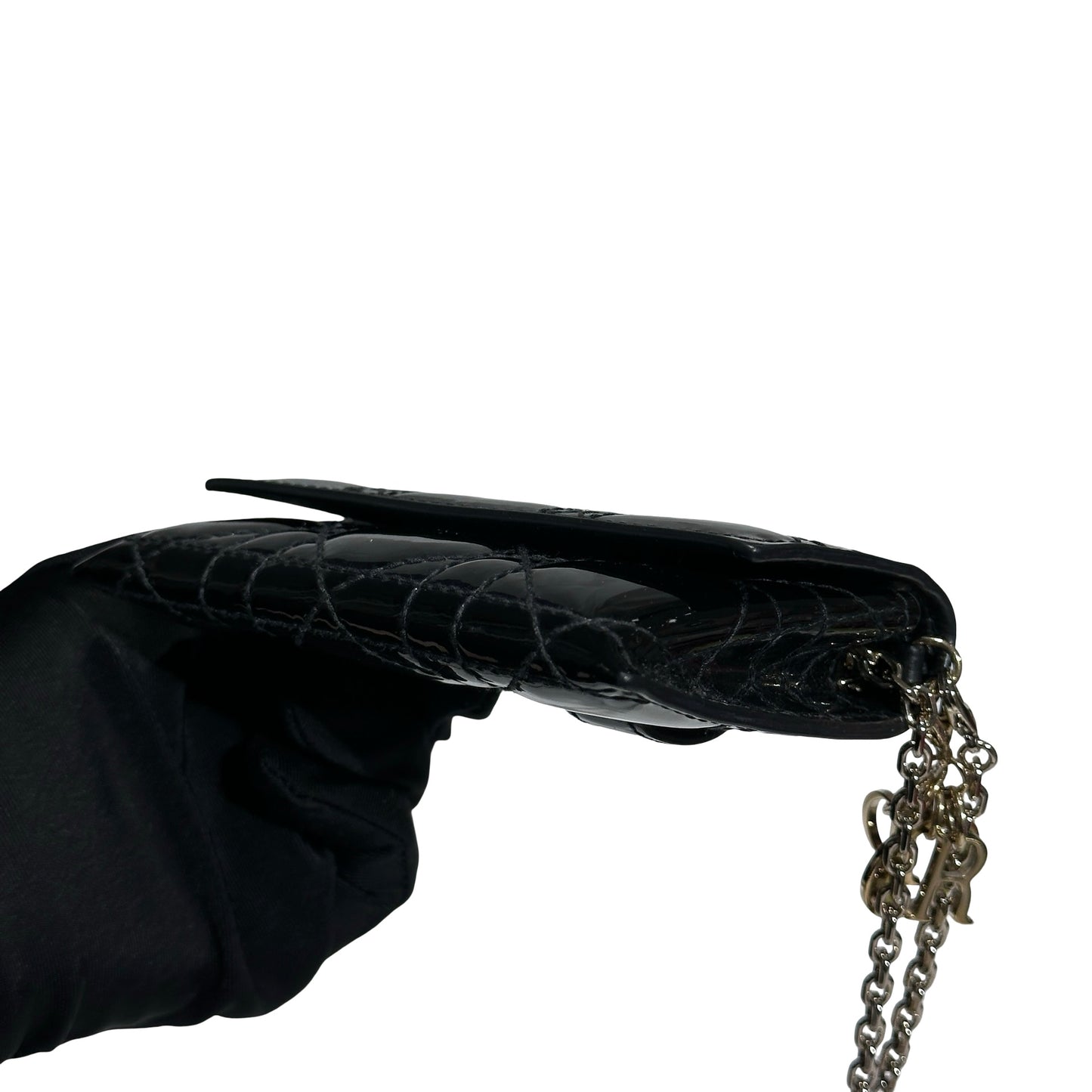 Used DIOR Cannage Patent Leather LADY DIOR NANO POUCH with CHAIN Chain Shoulder Bag Black GHW