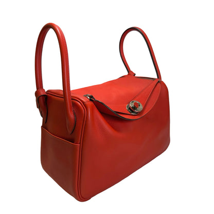 Used HERMES Clemence Lindy 26 Handbag Red PHW