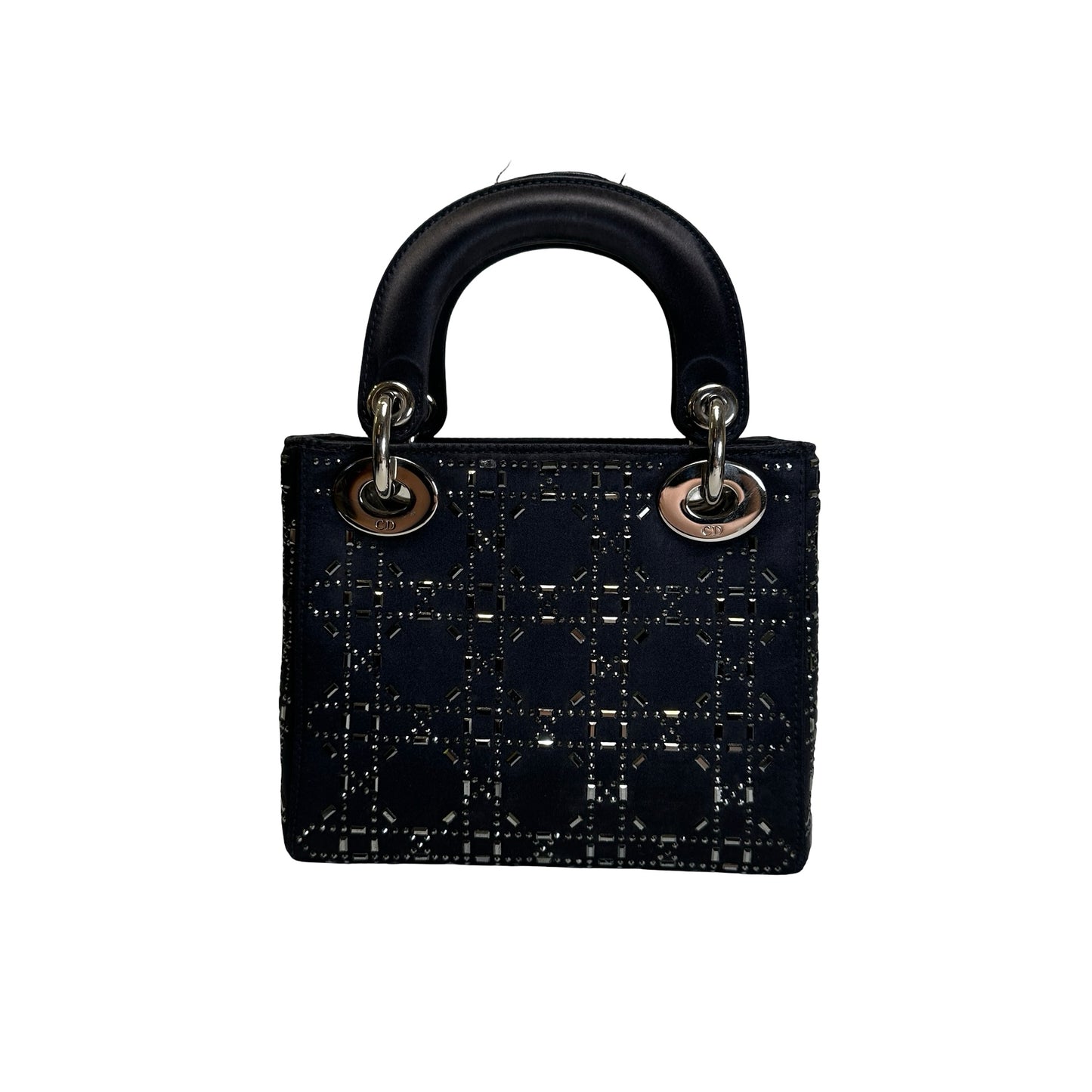 Used DIOR Cannage Rhinestone Lady Dior Handbag Black Silver