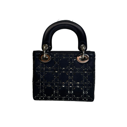 Used DIOR Cannage Rhinestone Lady Dior Handbag Black Silver