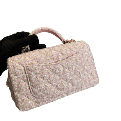 Used CHANEL Tweed Quilted Mini Flap Bag with Top Handle Handbag Pink White