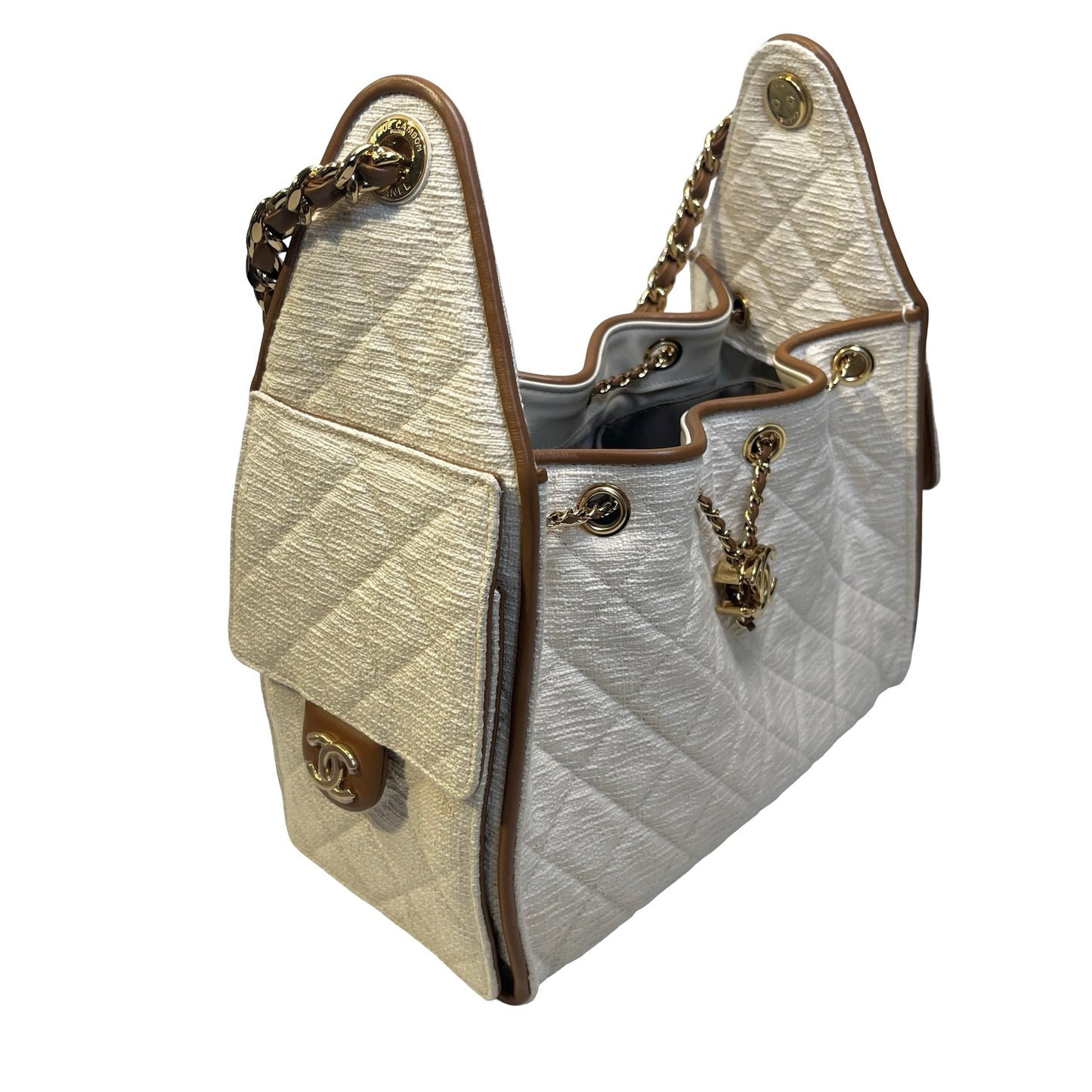 Used CHANEL Quilted Tweed Deauville Handbag White Brown