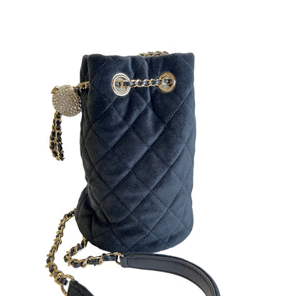 Used CHANEL Quilted Suede Mini Bucket Bag with Crystal Mini Bucket Bag Black Gold