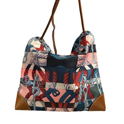Used HERMES Della Cavalleria Silky City Tote Bag Pink Blue Red Black Brown