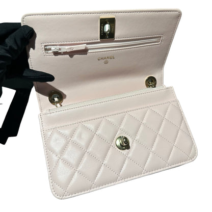 Used CHANEL Lambskin Leather WOC Cross Body Bag Pink GHW