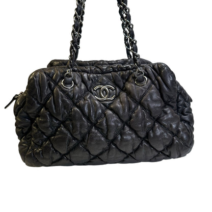 Used CHANEL Quilted Leather Bubble Quilted Bowler Bag Handbag Black Silver hardware