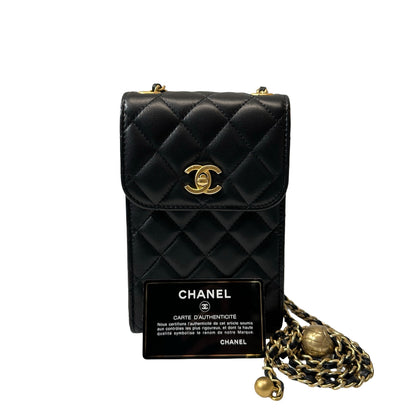 Used Chanel Lambskin Leather Phone with gold ball Cross Body Bag Black GHW