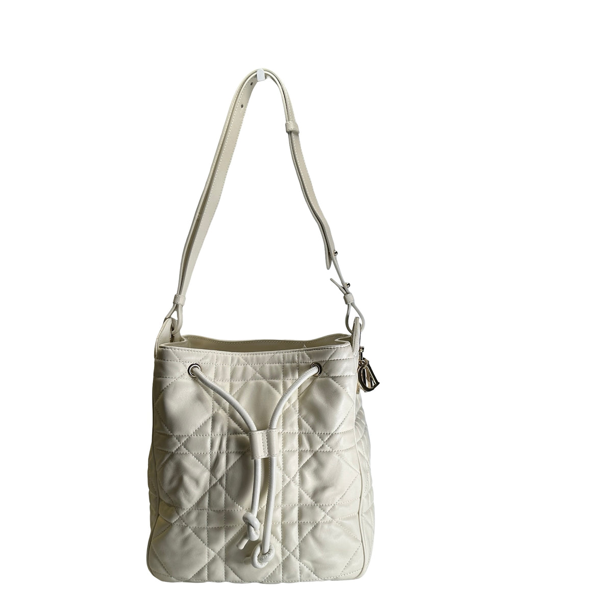 Used DIOR Cannage Leather Cannage Bucket Bag Handbag White
