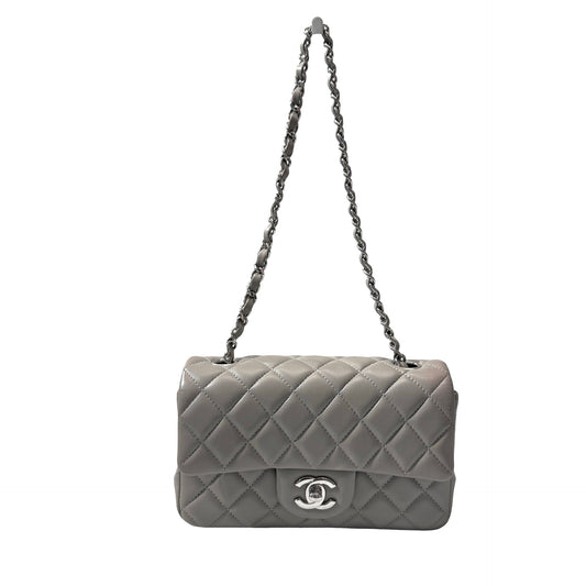 Used CHANEL Quilted Lambskin Classic Flap Chain Shoulder Bag Grey PHW