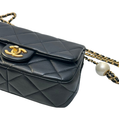 Used CHANEL Quilted Lambskin Mini Flap Bag with Pearl Crush Chain Shoulder Bag Black Gold hardware