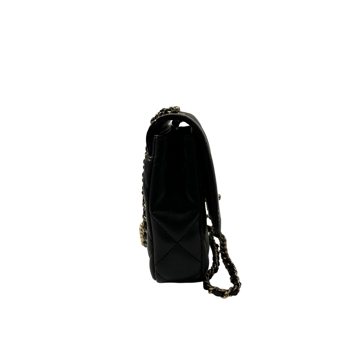 Used CHANEL Lambskin Leather Patent Leather Calfskin Leather 24B Flap Shoulder Bag Black PHW