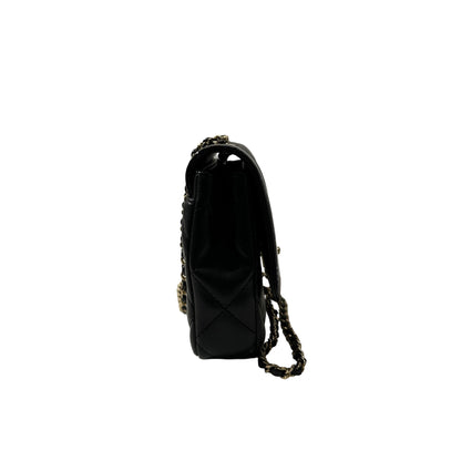 Used CHANEL Lambskin Leather Patent Leather Calfskin Leather 24B Flap Shoulder Bag Black PHW