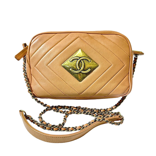 Used CHANEL camera chevron Shoulder Bag Beige GHW