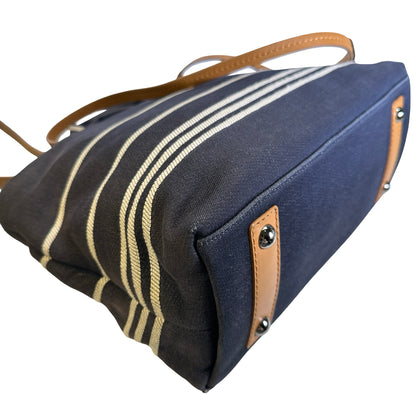 Used CHANEL Stripes CC Logo Deauville Tote Bag Navy Blue White Tan
