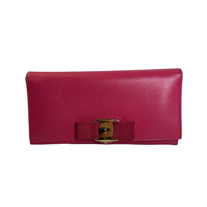 Used SALVATORE FERRAGAMO Saffiano Leather Vara Bow Flap Wallet Long wallet Pink