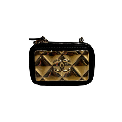 New CHANEL Lambskin Leather Vanity Case Shoulder Bag Gold Black GHW