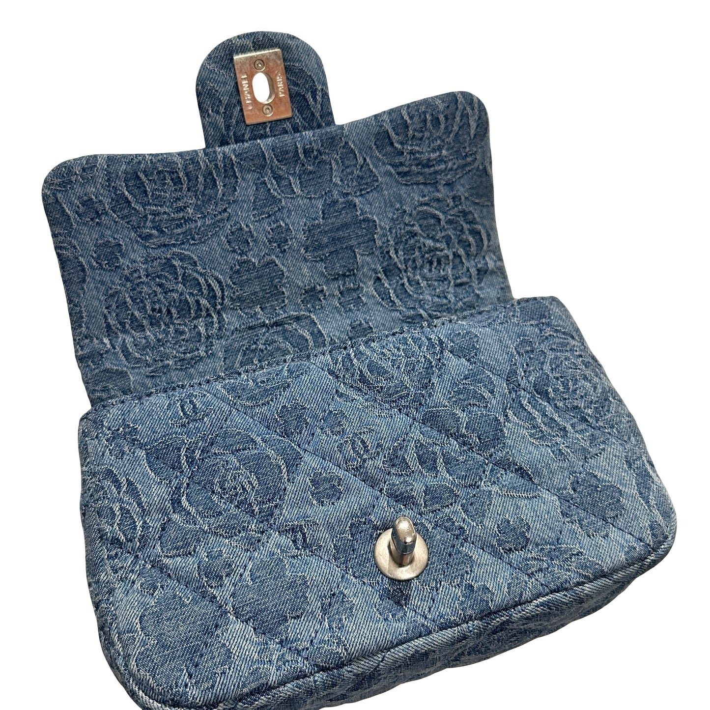 Used CHANEL Denim 23P CAMELIA HEART CRUSH FLAP Cross Body Bag Denim Blue