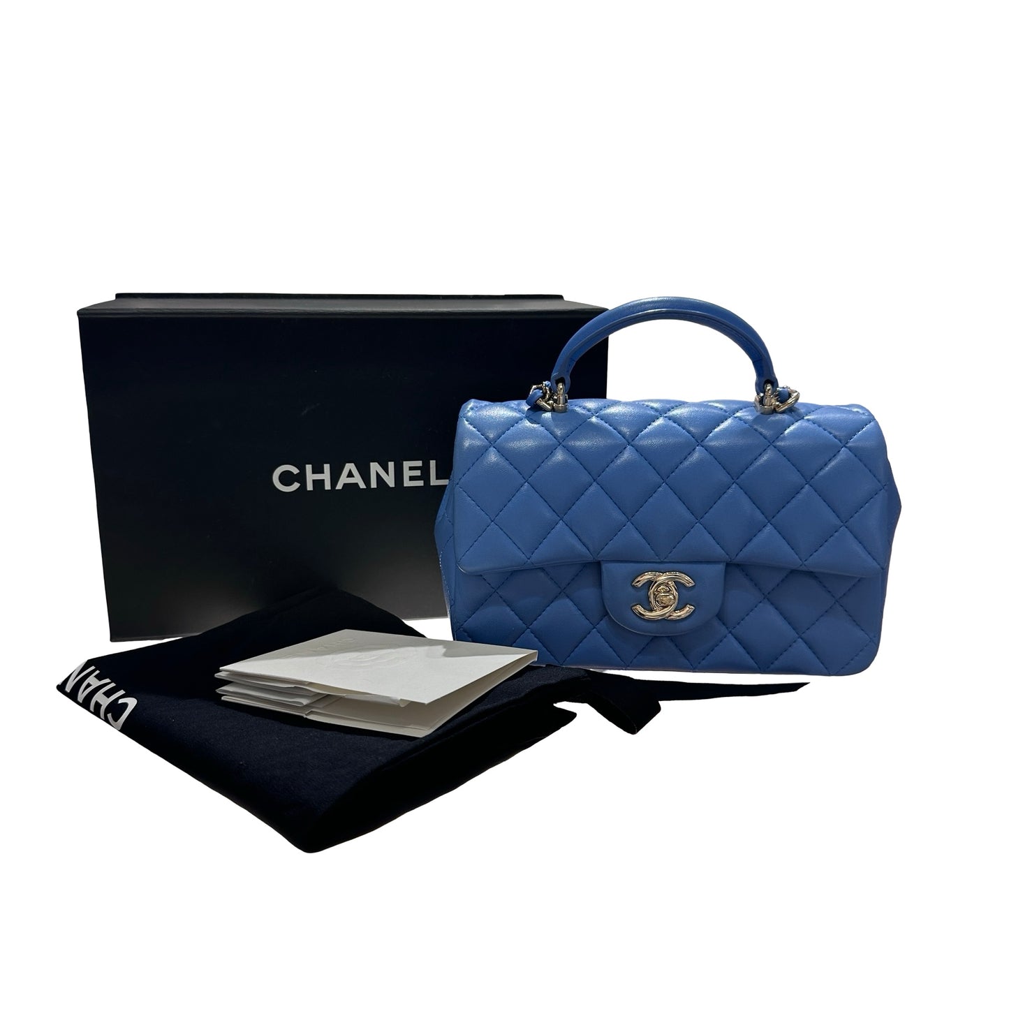 CHANEL MINI Flap 20cm with Handle Cross Body Bag Blue GHW