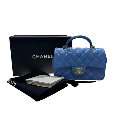 CHANEL MINI Flap 20cm with Handle Cross Body Bag Blue GHW